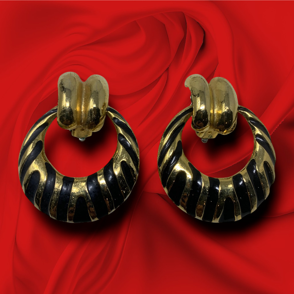 Vintage 1980's Oversized Gold Black Doorknocker Clip On Earrings Couture Runway